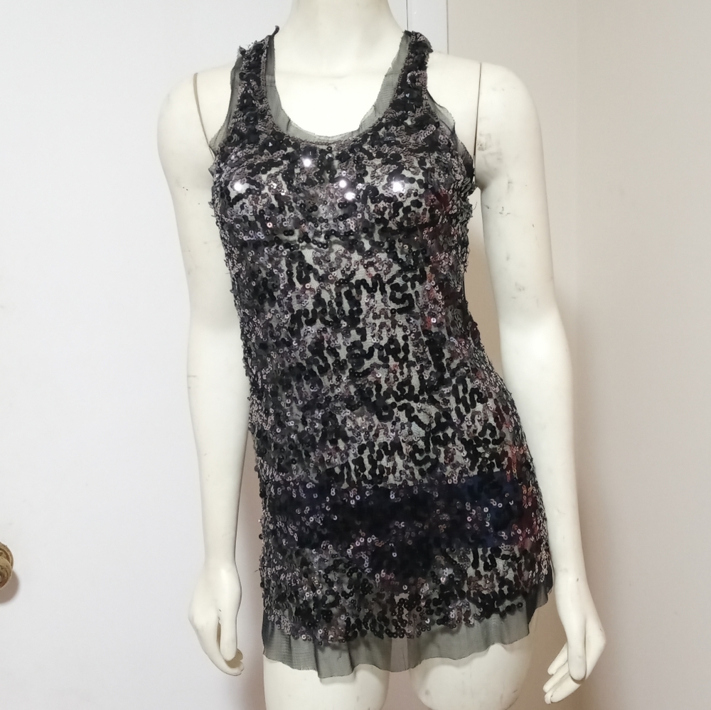 Black Sequin Mesh Tank Top